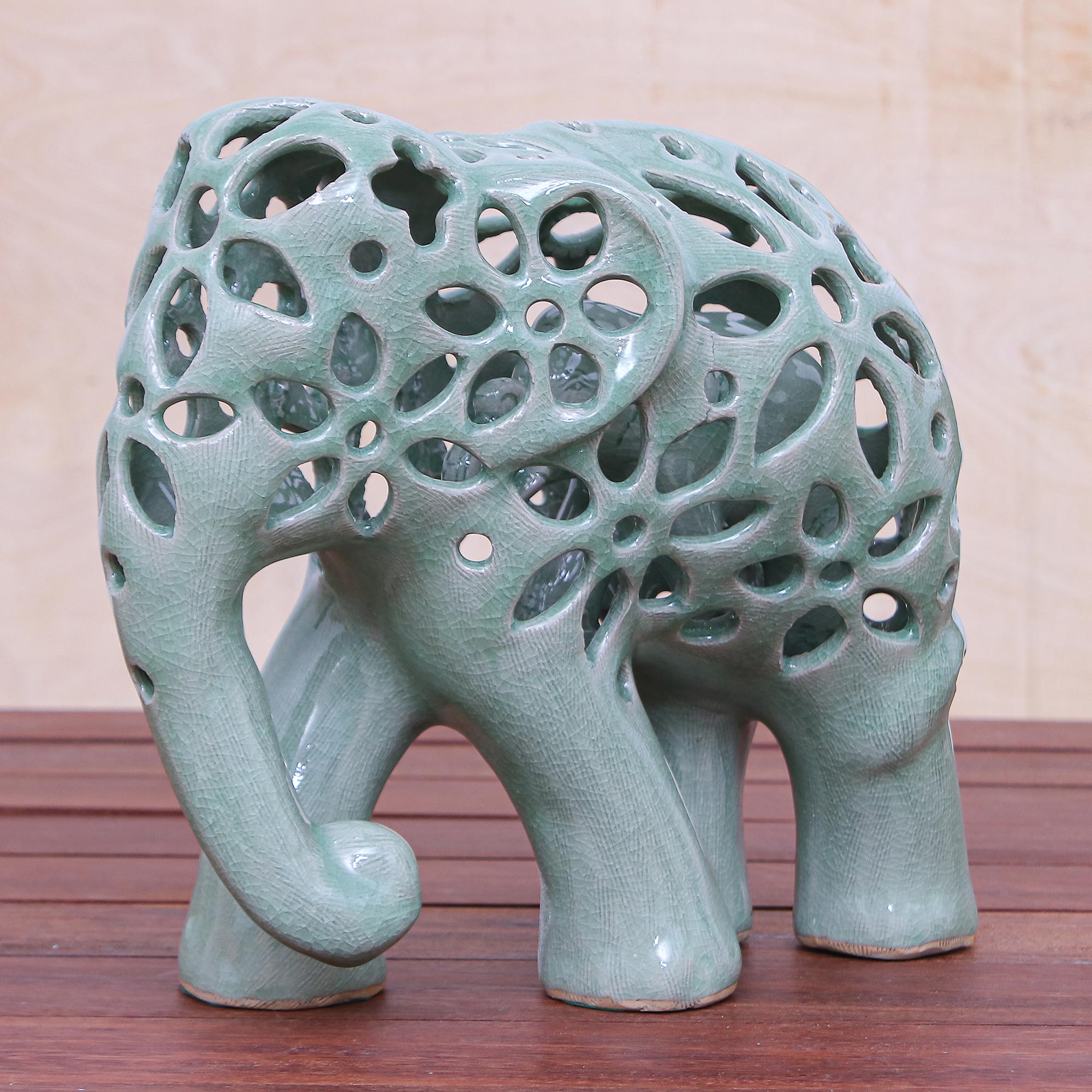 Premium Handcrafted Celadon Elephant Sculpture – Floral Artistry by Thai Artisans