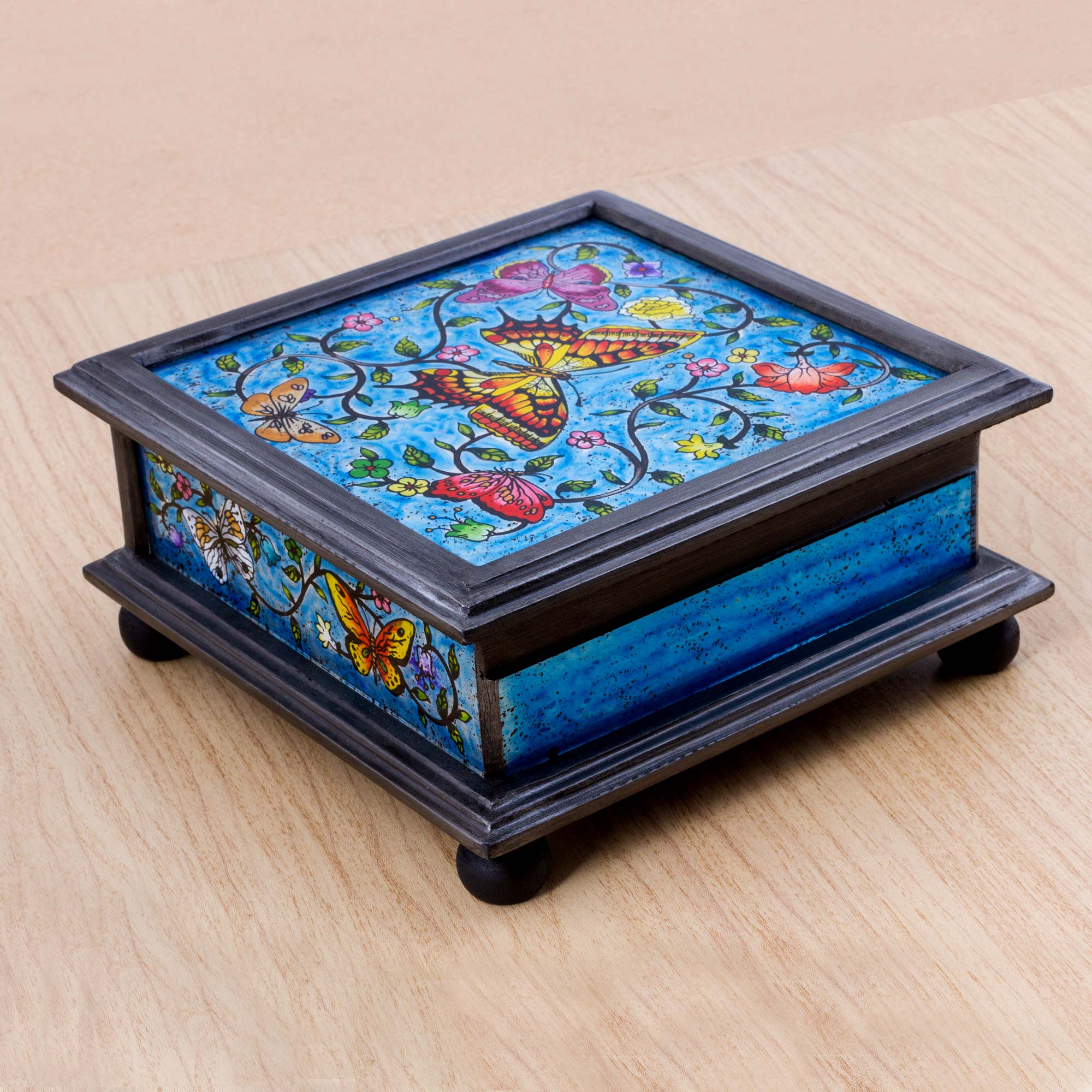 Premium Blue Winter Butterflies Reverse Painted Glass Decorative Box