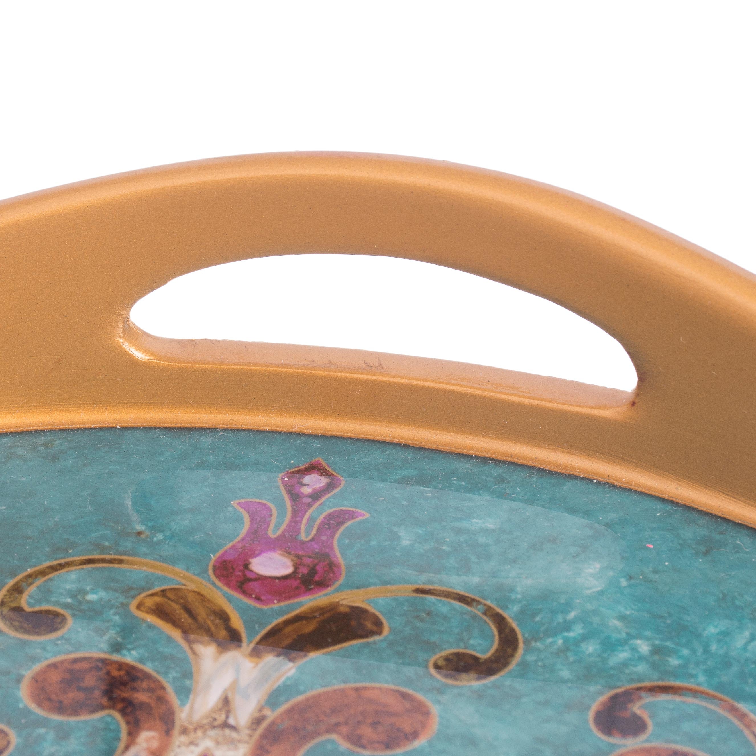 Premium Colonial Elegance Reverse Painted Glass & Wood Turquoise Floral Round Tray