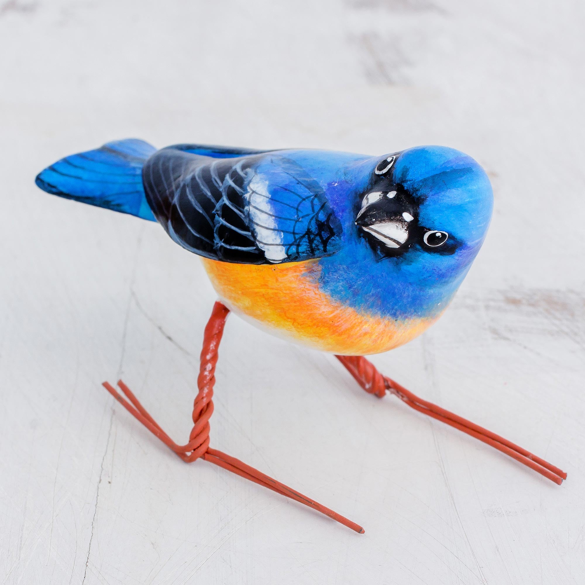 Premium Lazuli Bunting Ceramic Bird Sculpture - Handcrafted in Guatemala