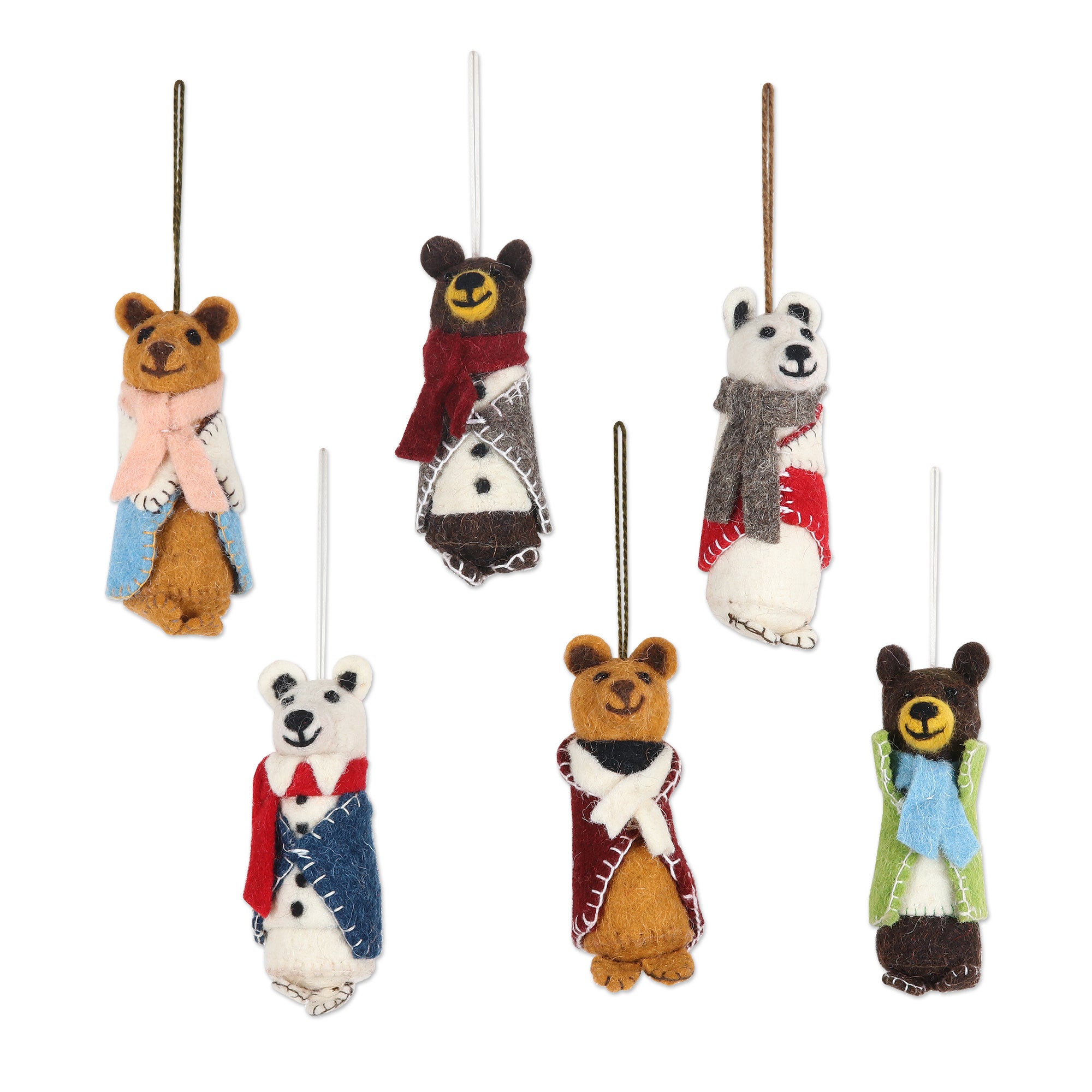 Premium Handcrafted Bear Pairs Wool & Glass Beaded Holiday Ornaments - Set of 6