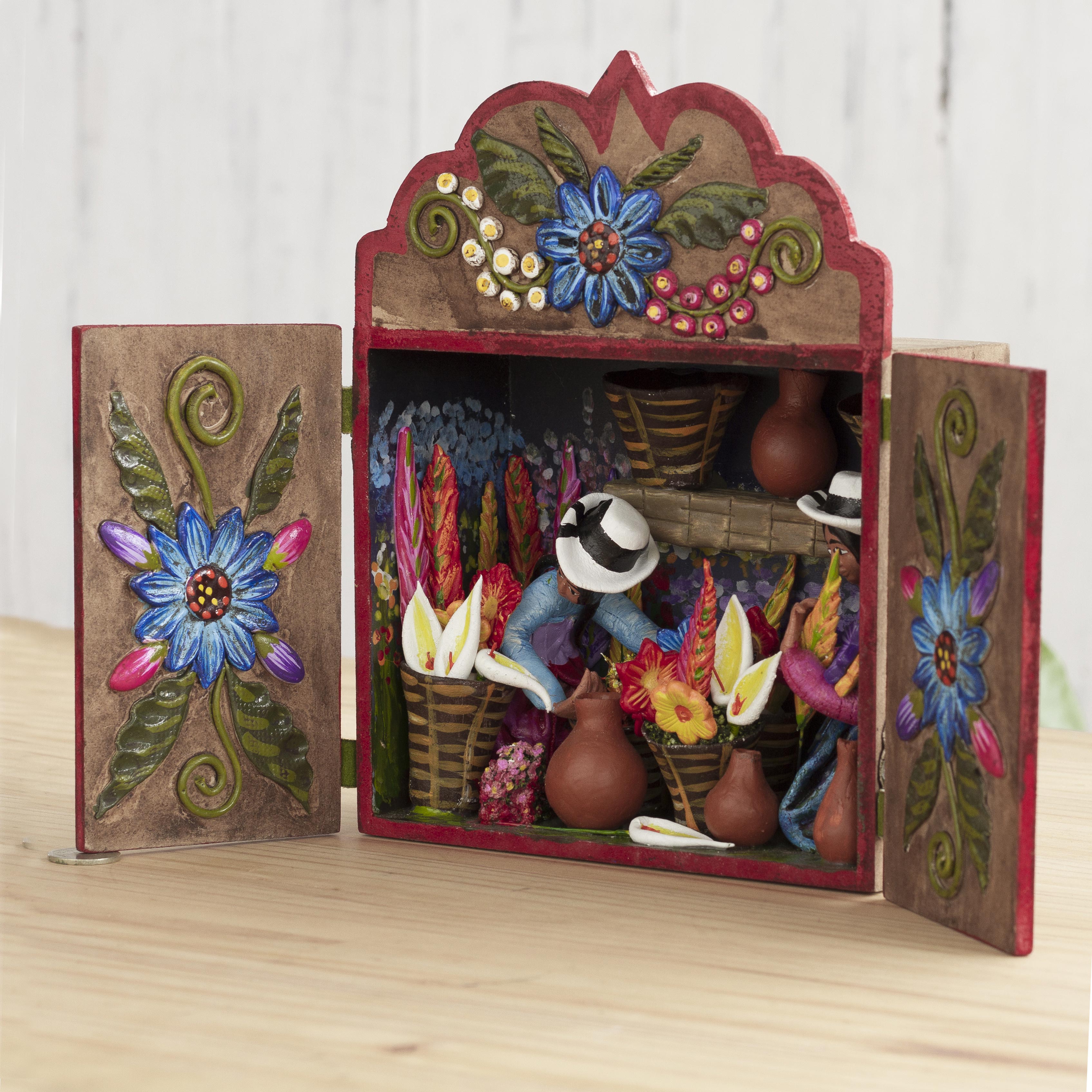 Premium Floral Retablo Art Piece – Handcrafted Wood & Ceramic Decor from Peru