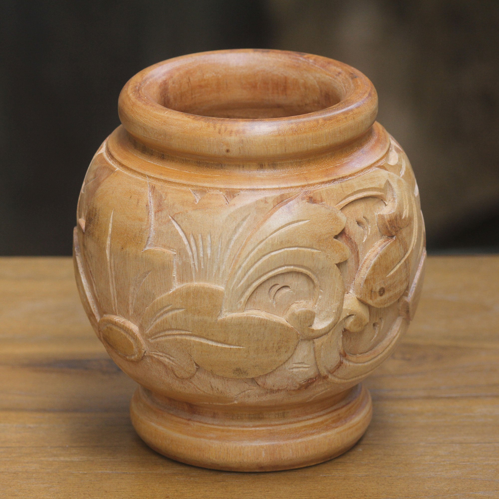 Premium Sukawati Floral Mahogany Vase - Handcrafted by Balinese Artisan