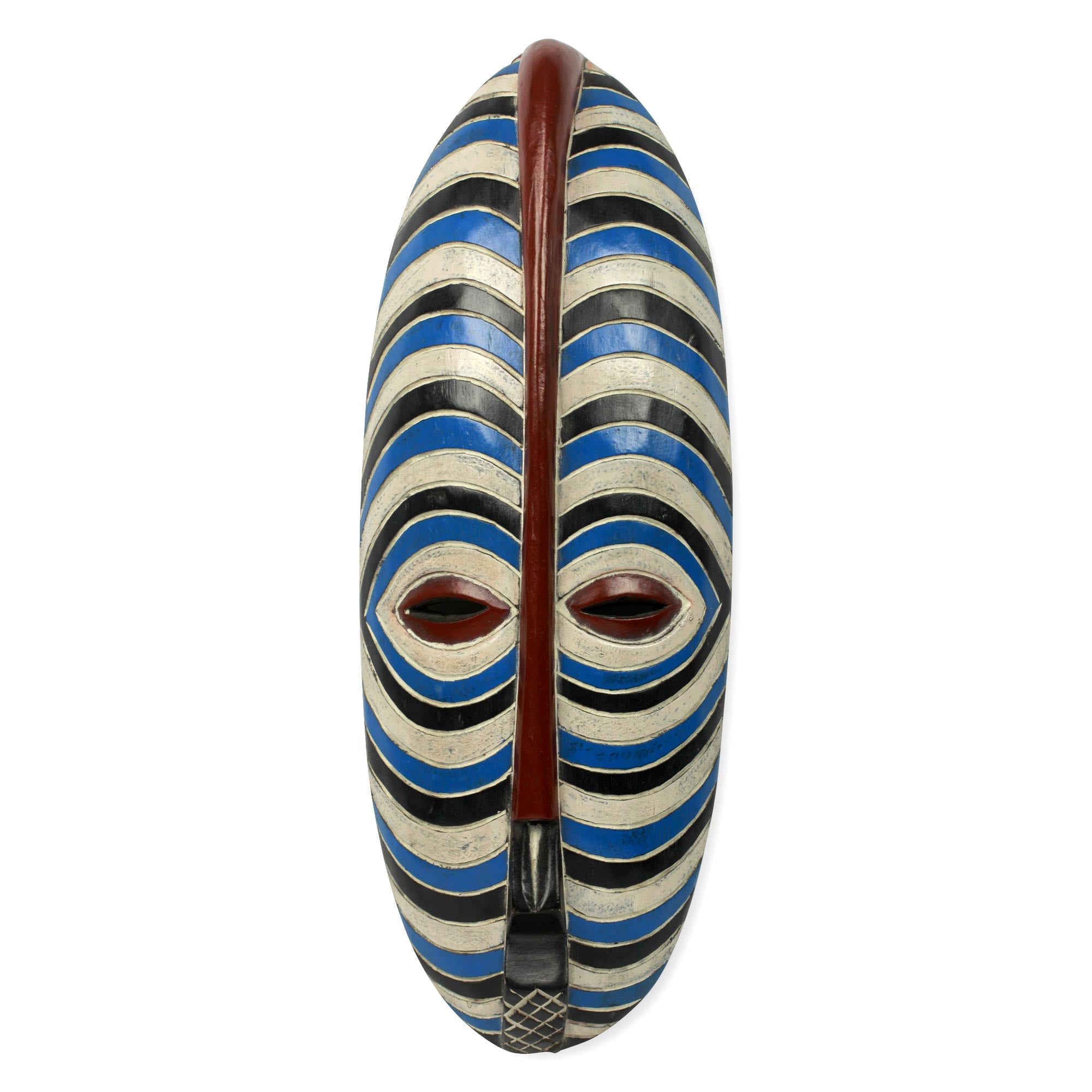 Premium Hand-Carved Brotherly Love African Wall Mask - Blue & White Stripes