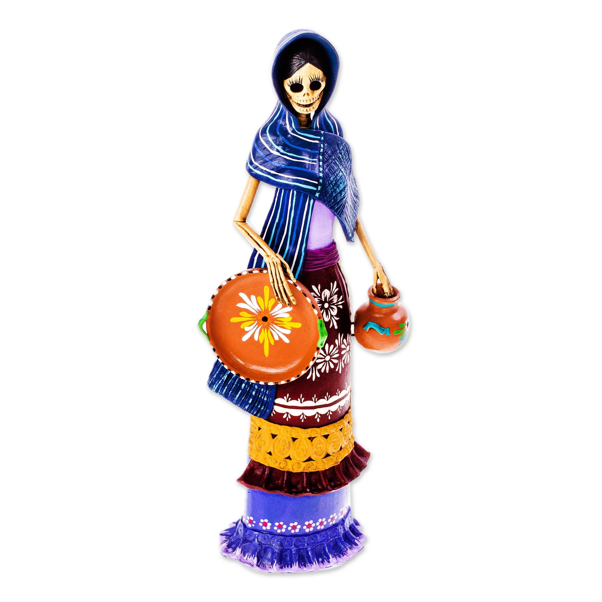 Premium Ceramic Catrina Sculpture - Doña Tomasa with Blue Mantle | Handcrafted in Mexico