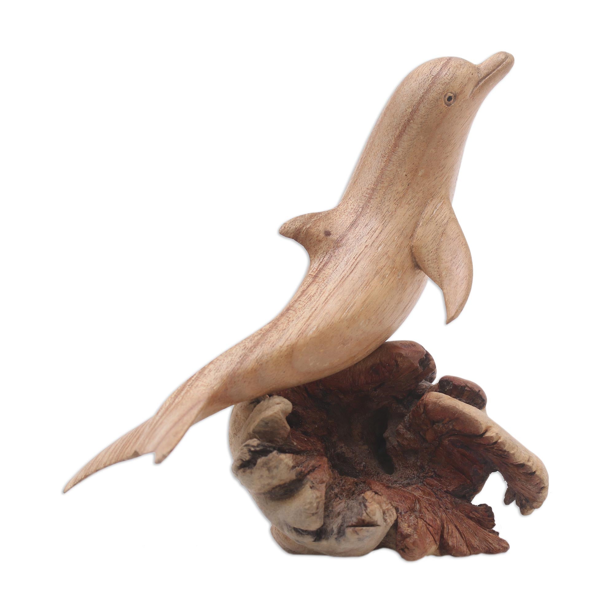 Premium Hand-Carved Jempinis Wood Leaping Dolphin Sculpture - Unique Artisan Craft