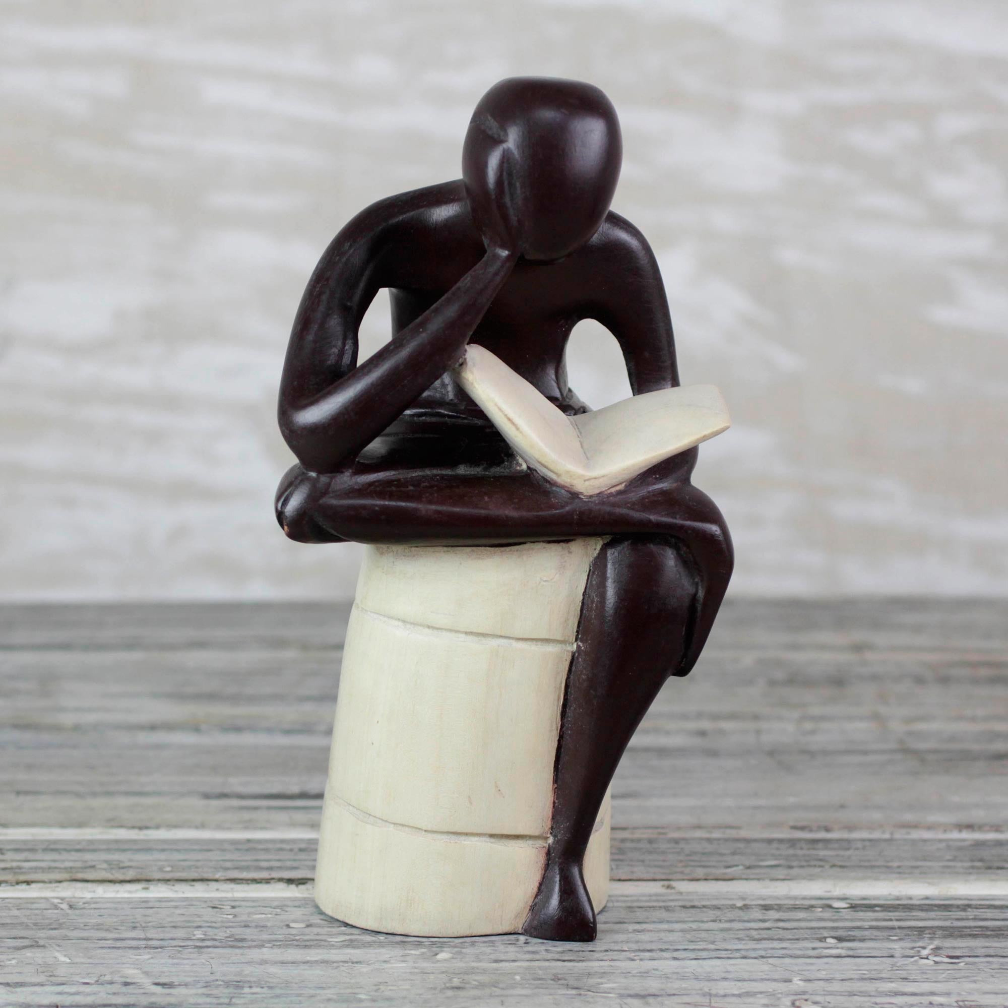 Premium Thoughtful Reader Sculpture: Handcrafted Sese Wood Art from Ghana
