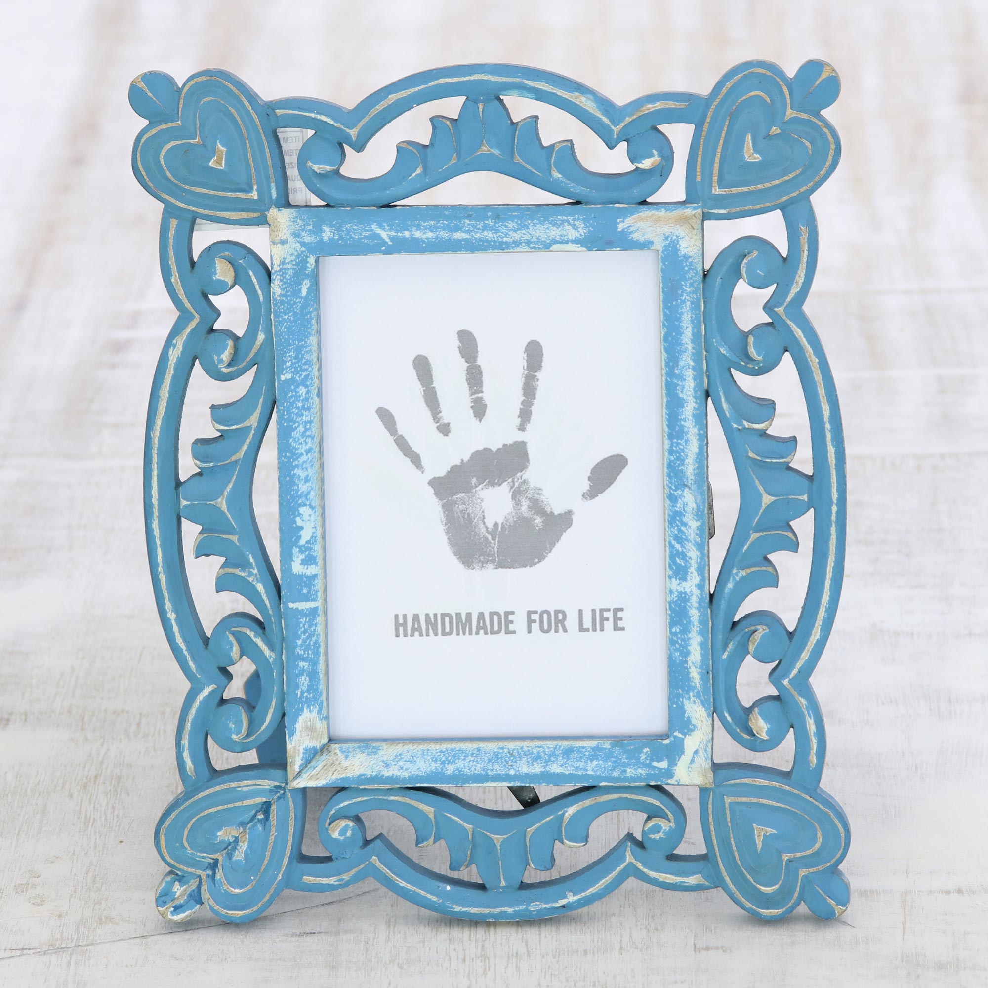 Premium Shabby-Chic Mango Wood Photo Frame - Hand-Carved Blue Memory Keeper 5x7