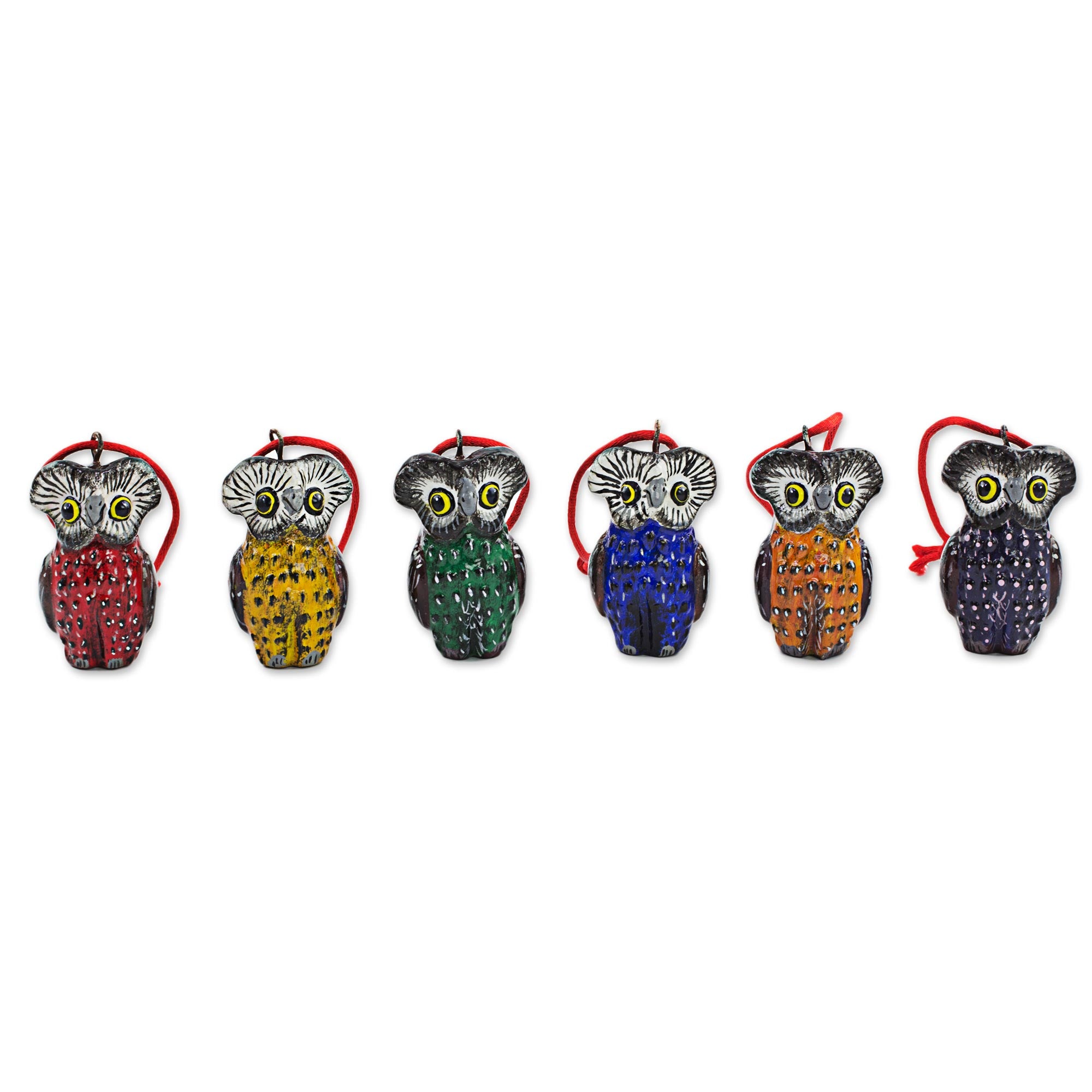 Premium Handcrafted Ceramic Owl Ornaments - Set of 6, Inspired by Tikal