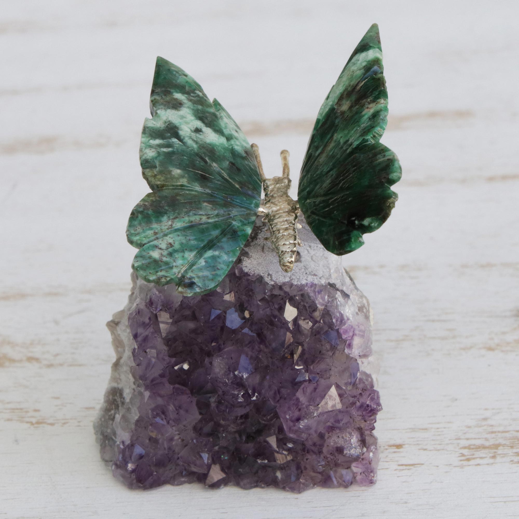 Premium Forest Wings Butterfly Gemstone Sculpture - Serpentinite & Amethyst