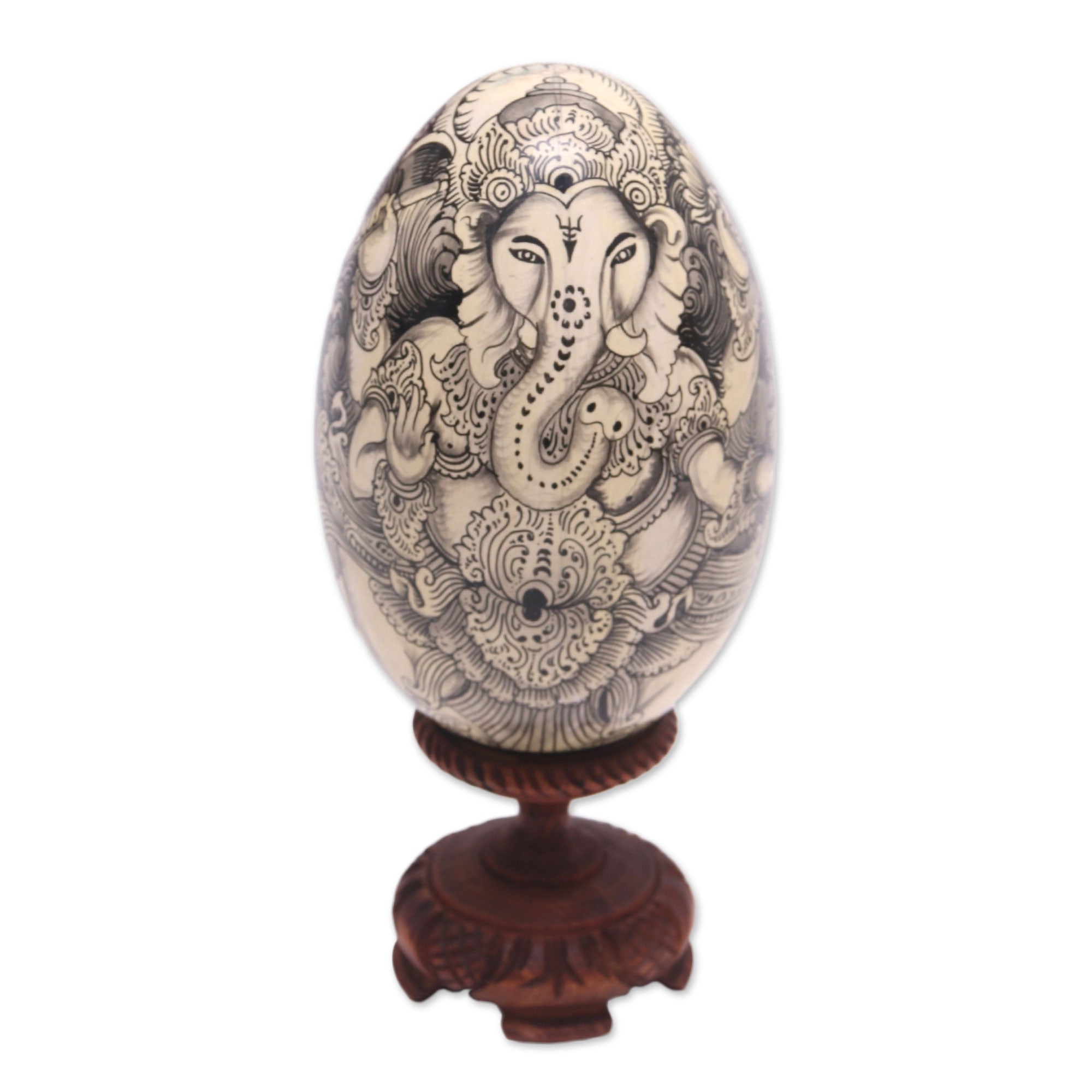 Premium Hand-Painted Buddha & Ganesha Wood Egg Statuette - Ultimate Spiritual Decor