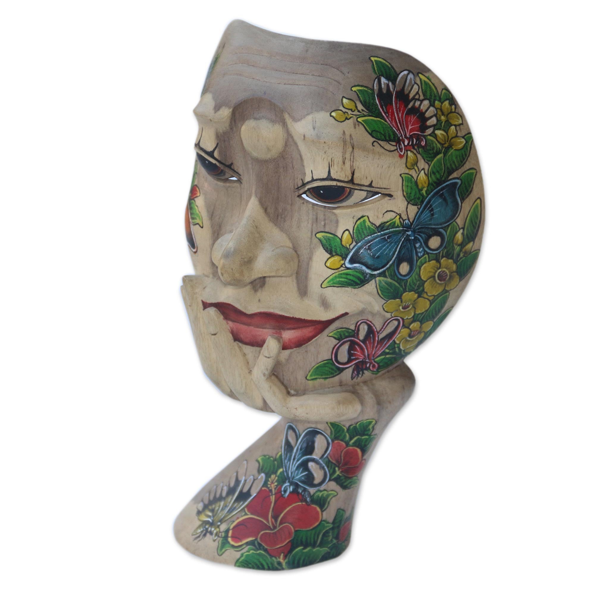 Premium Hand-Carved Hibiscus Wood Floral Butterfly Tabletop Mask