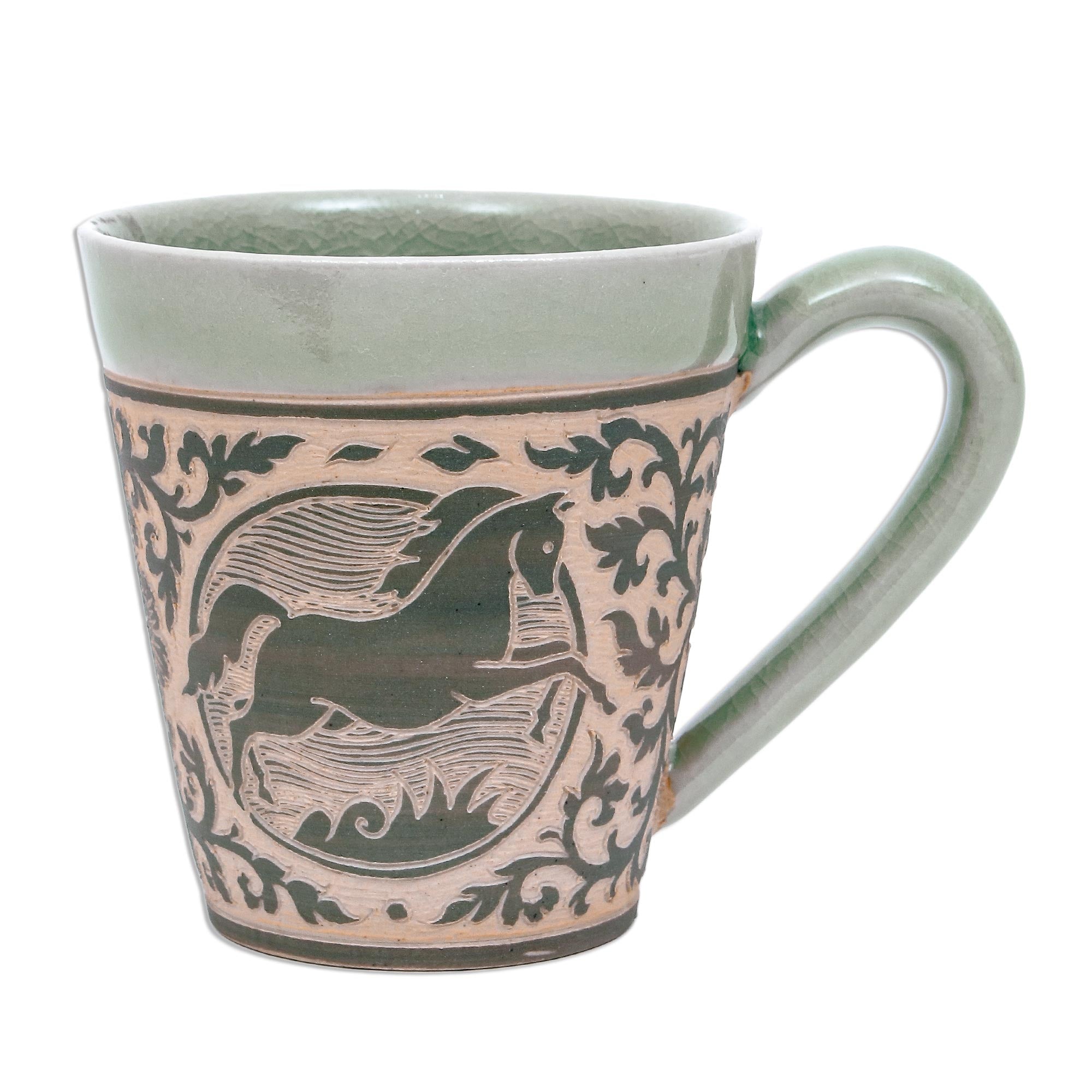 Premium Thai Celadon Horse Ceramic Mug - Handcrafted Artisan Design