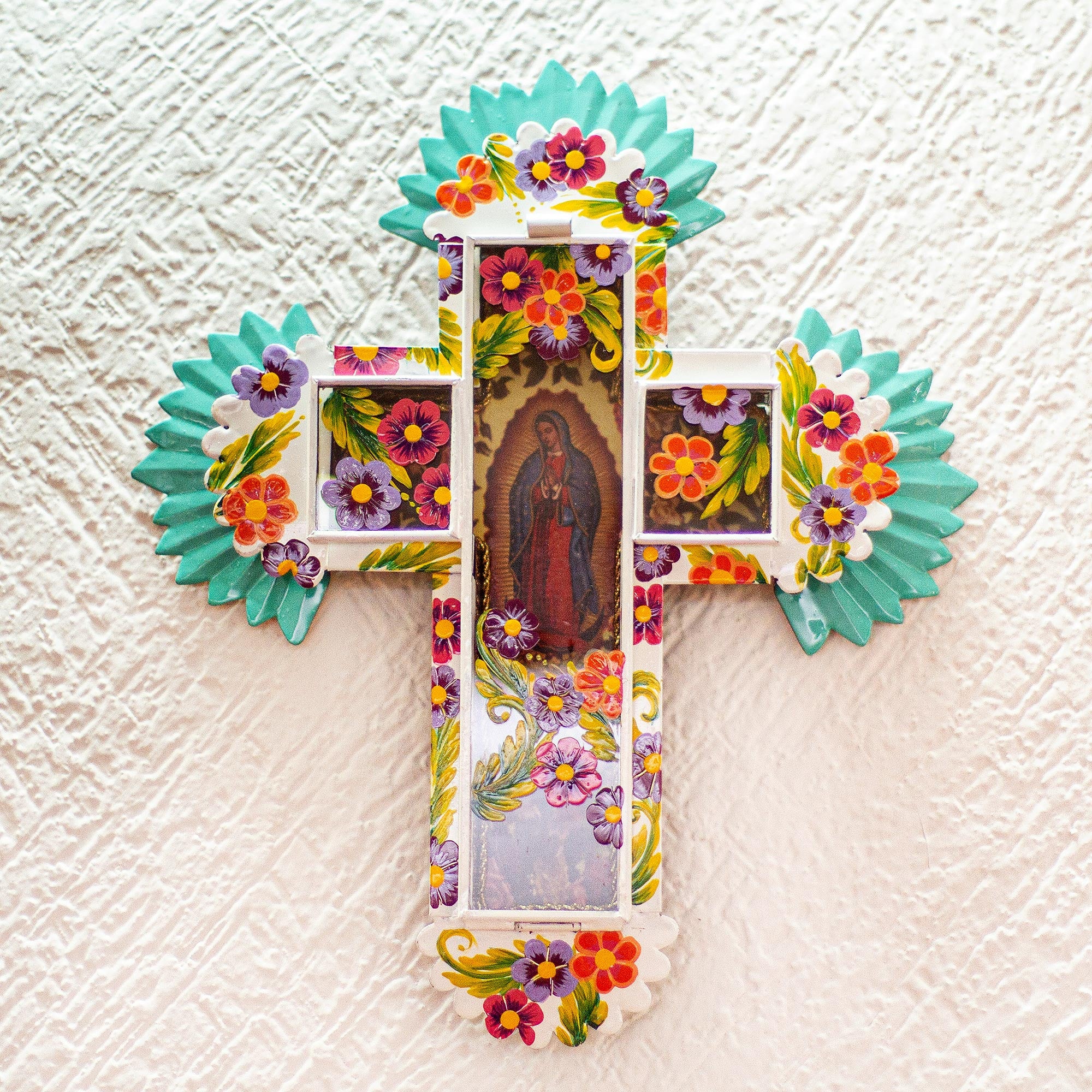 Premium Blessed Virgin Wall Cross - Handcrafted Tin & Glass Art