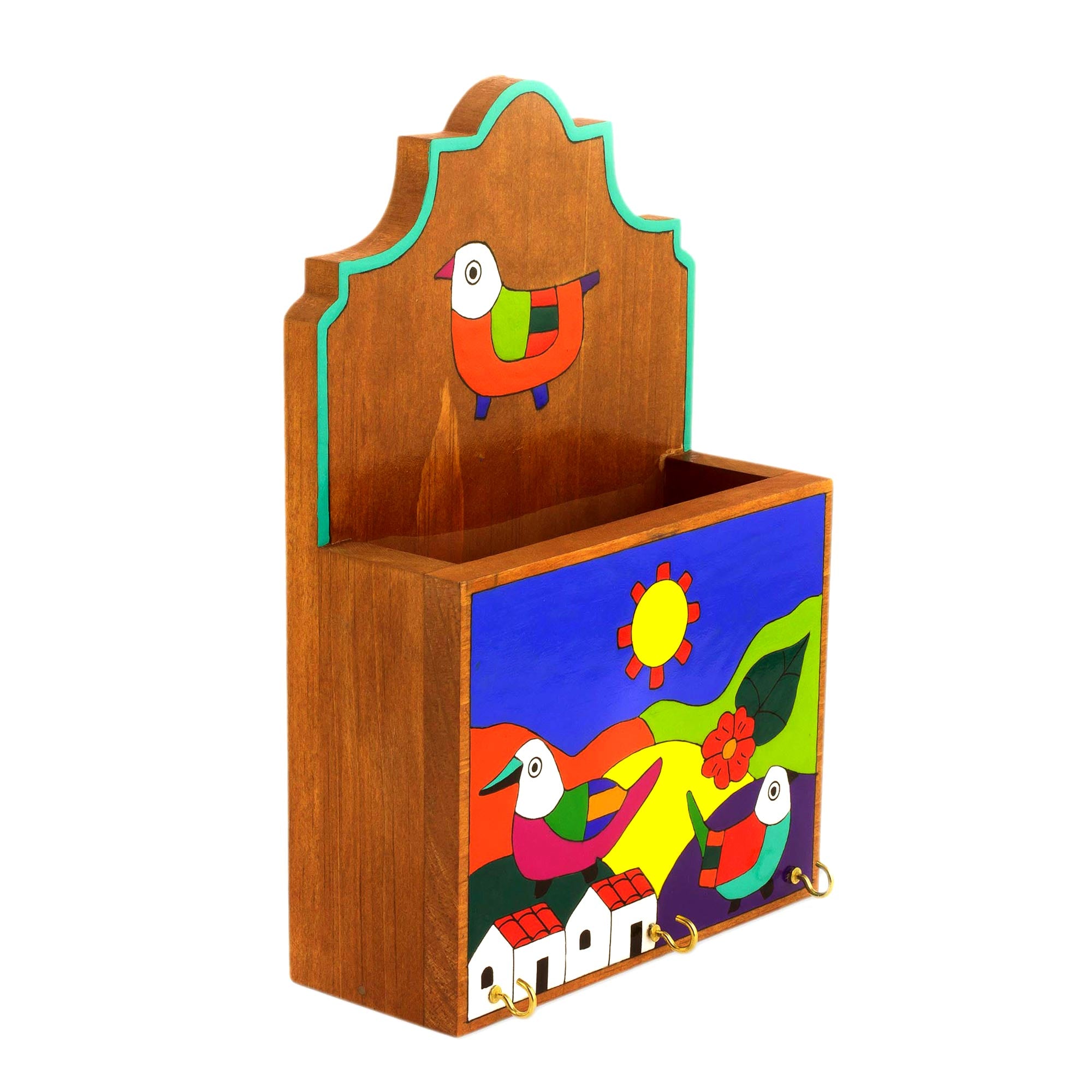 Premium Handcrafted Pinewood Letter & Key Holder with Colorful Birds Design