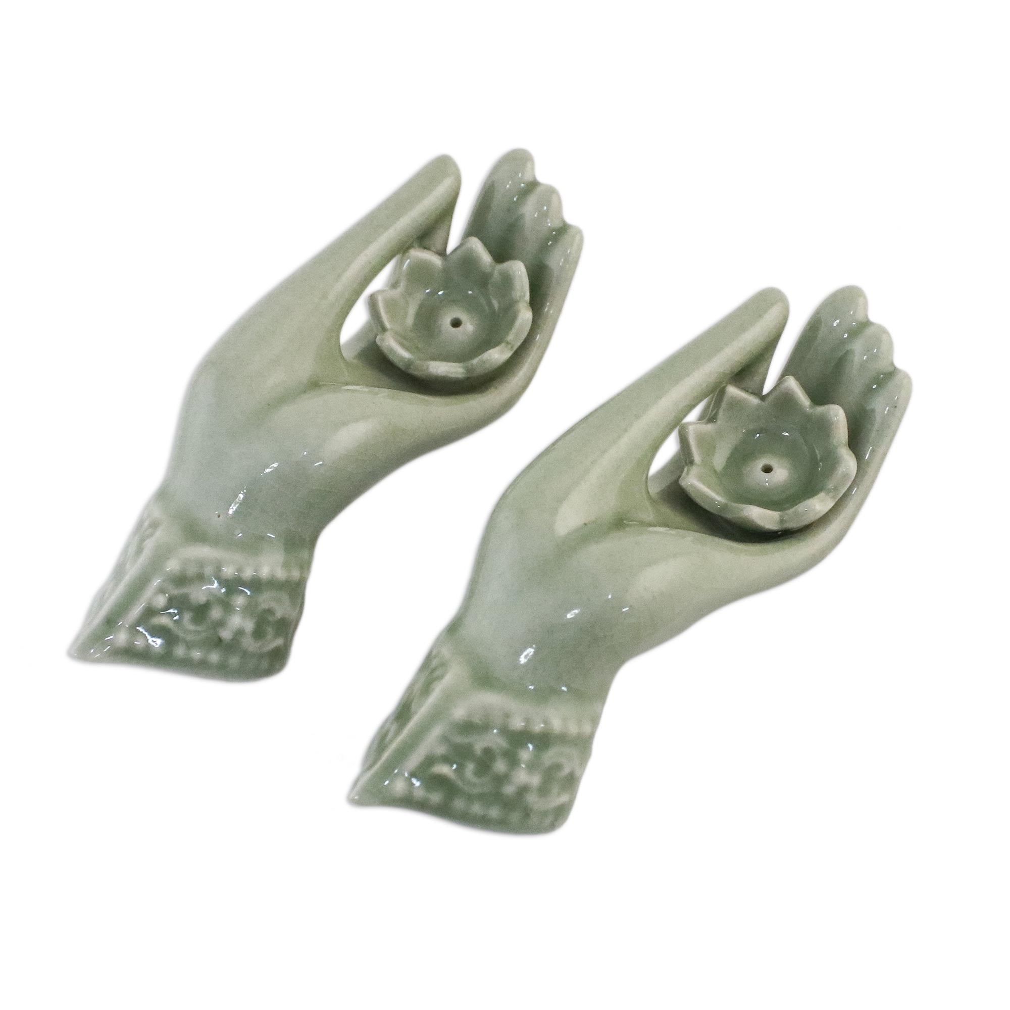 Premium Thai Dance Hands Celadon Incense Holders – Zen Decor Set of 2