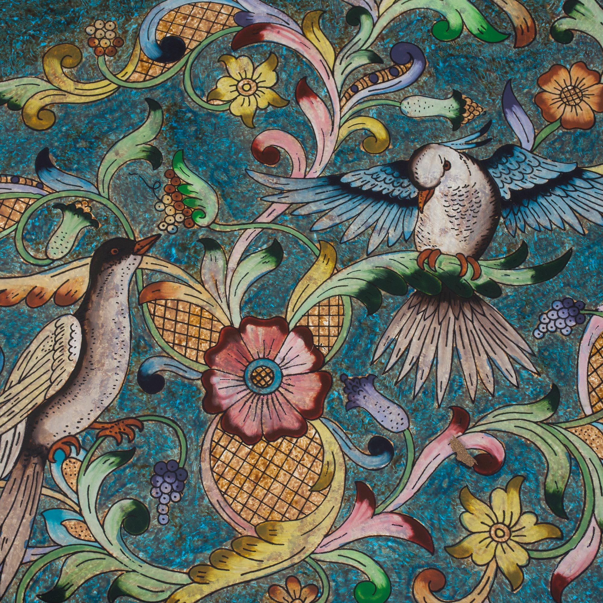 Premium Hand-Painted Glass & Cedar Wood Accent Table - 'Birds in the Heavens'