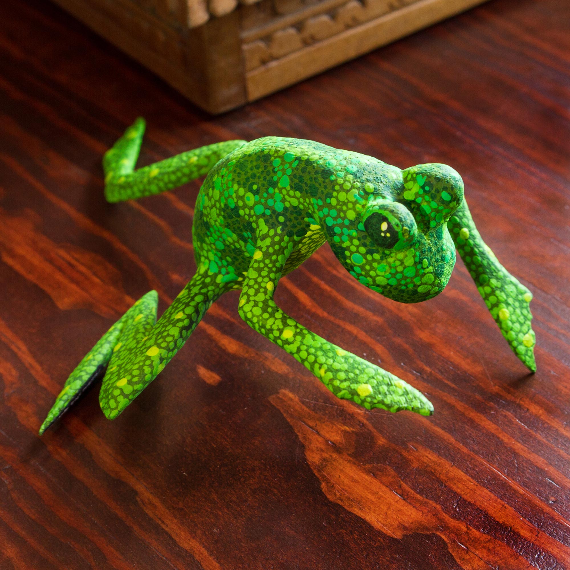 Premium Hand-Painted Green Oaxaca Frog Alebrije Sculpture