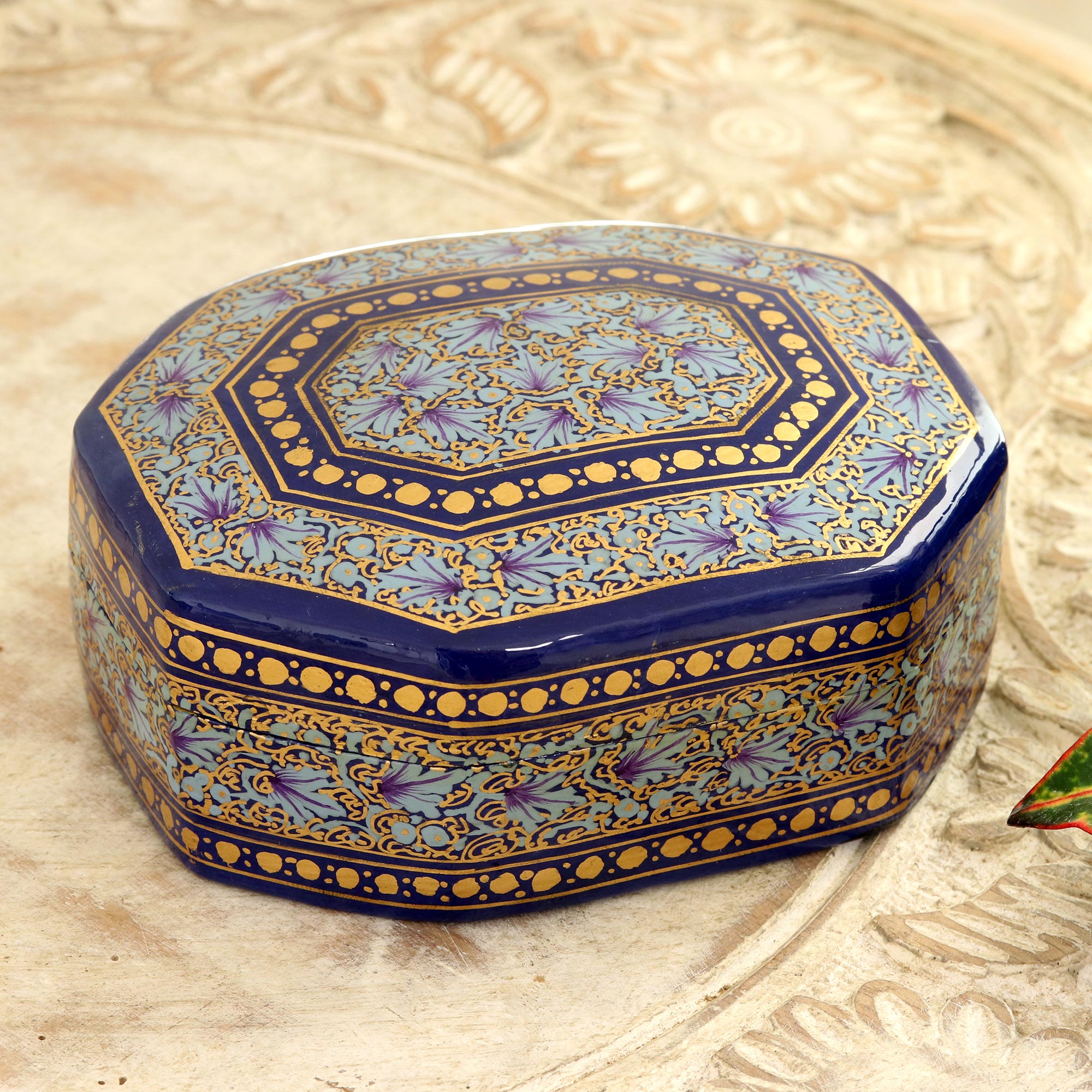 Premium Hand-Painted Kashmir Royal Papier Mache Box in Blue & Gold