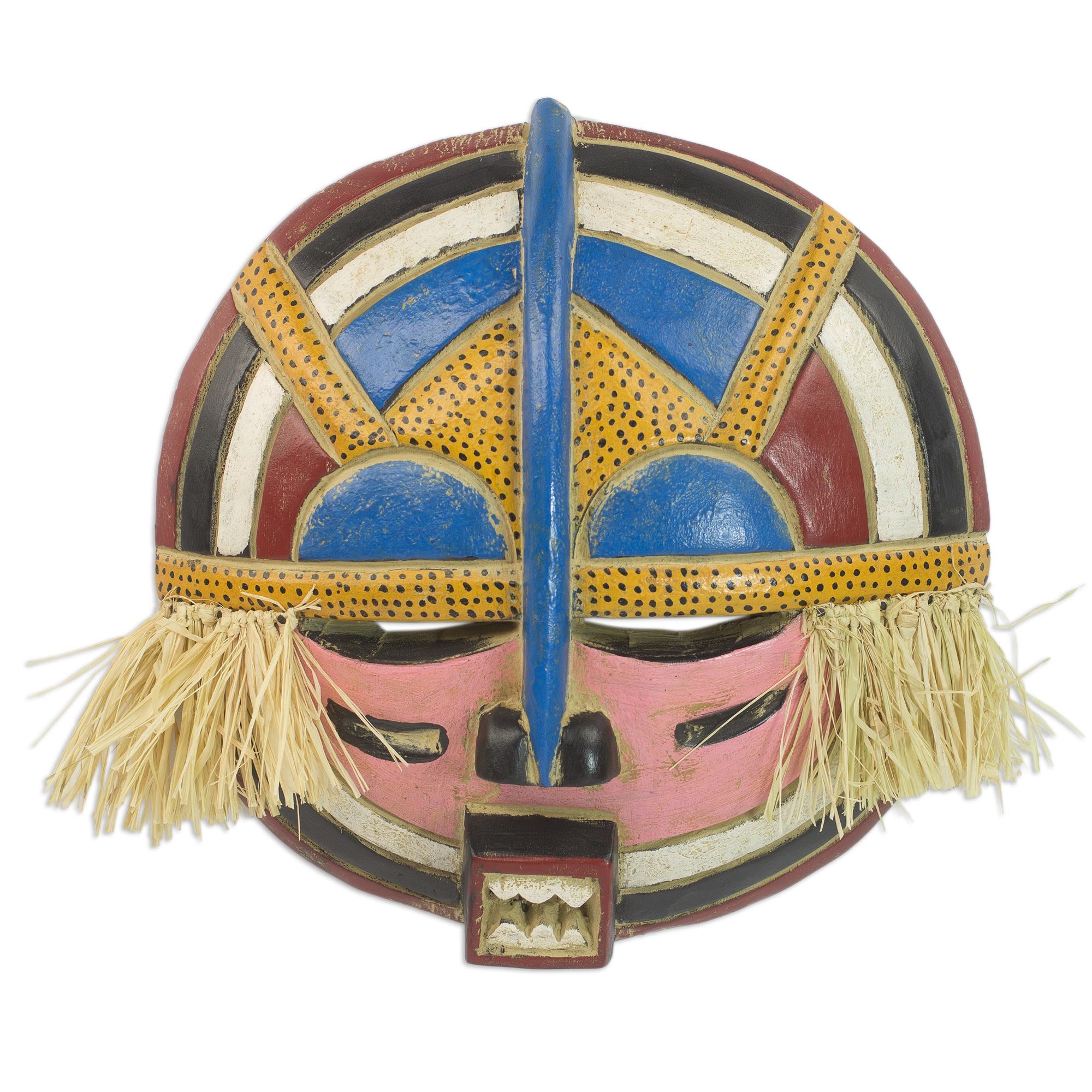 Premium Hand-Carved Yoruba Adenike Mask - Rubberwood & Raffia Wall Decor