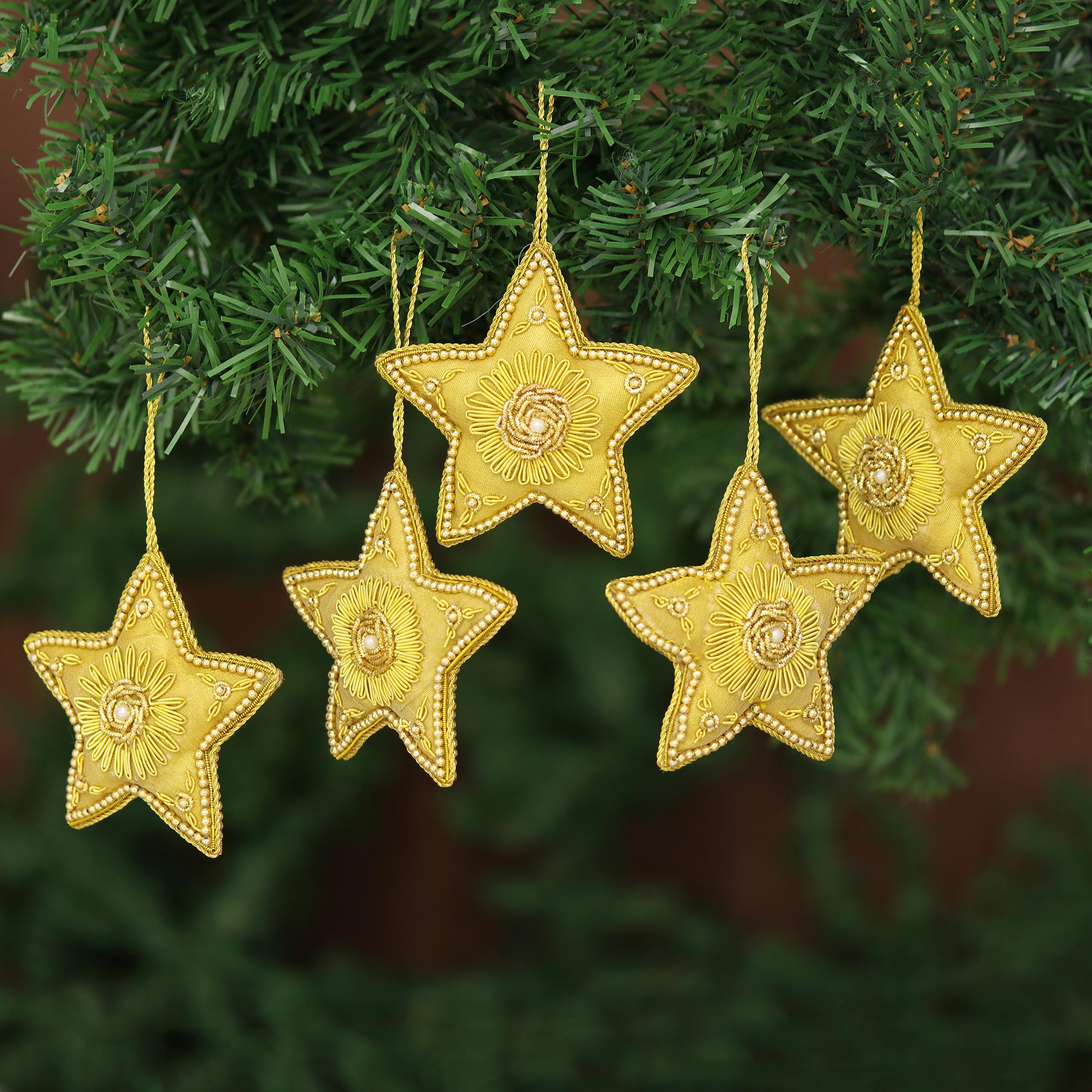 Premium Handcrafted Golden Stars Ornament Set - Set of 5