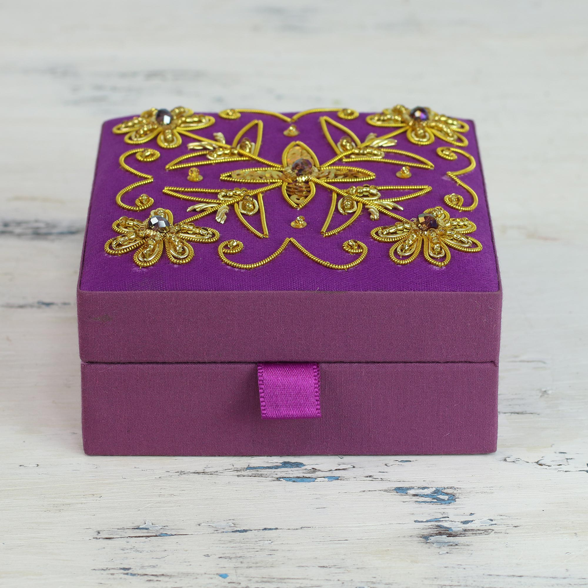 Premium Zardozi Embroidered Purple Cotton Decorative Box