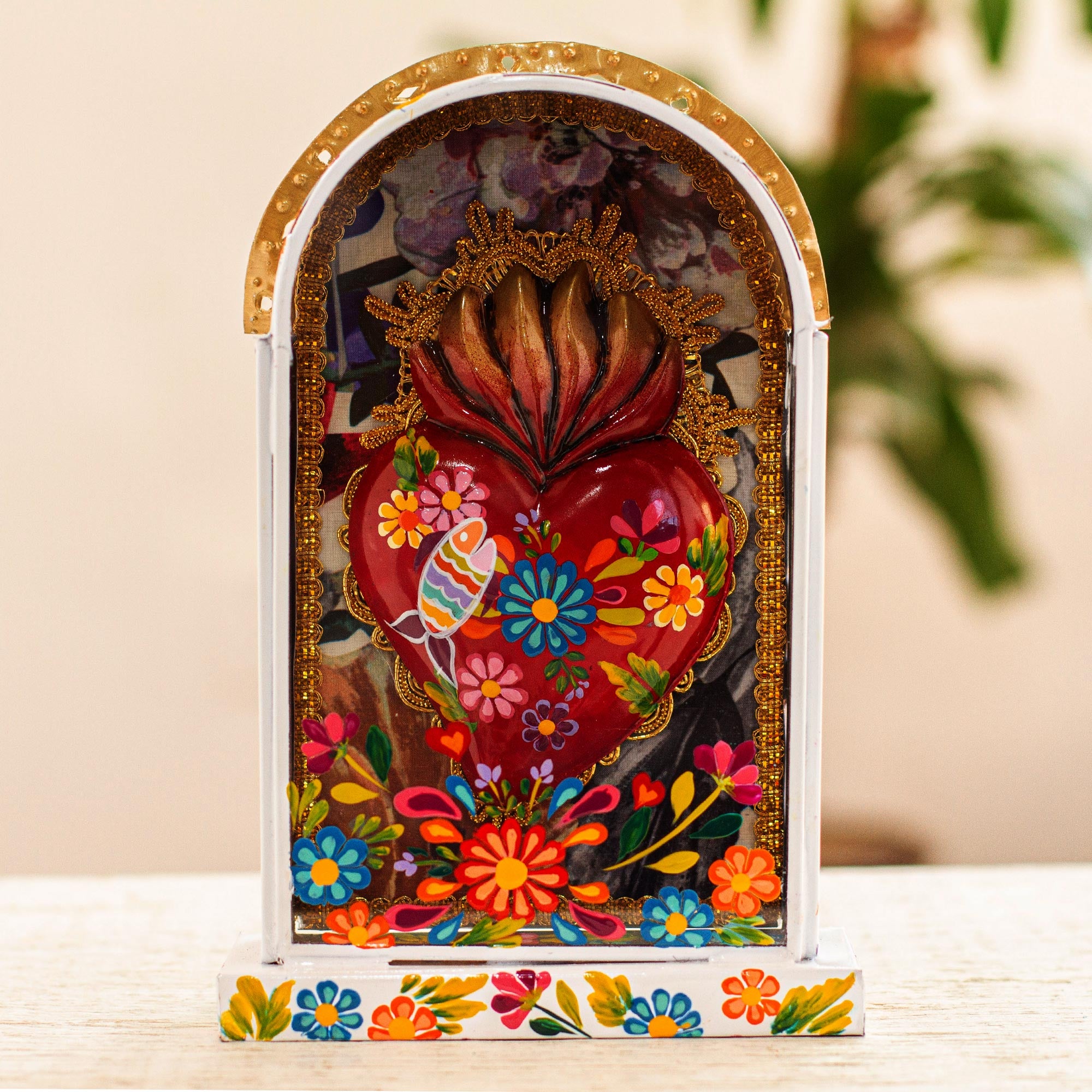 Premium Sacred Heart Wall Niche - Hand-Painted Wood & Tin Folk Art
