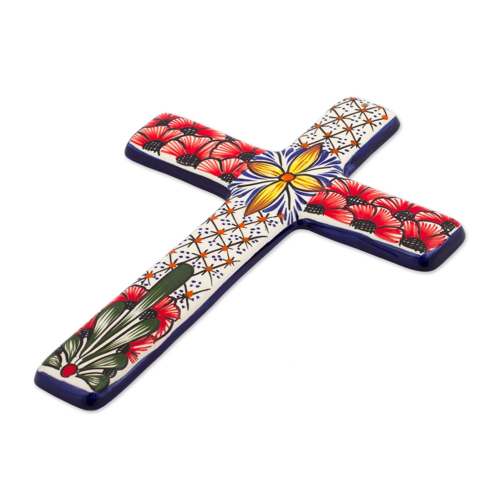 Premium Handcrafted Mexican Ceramic Wall Cross - Floral Motif Design