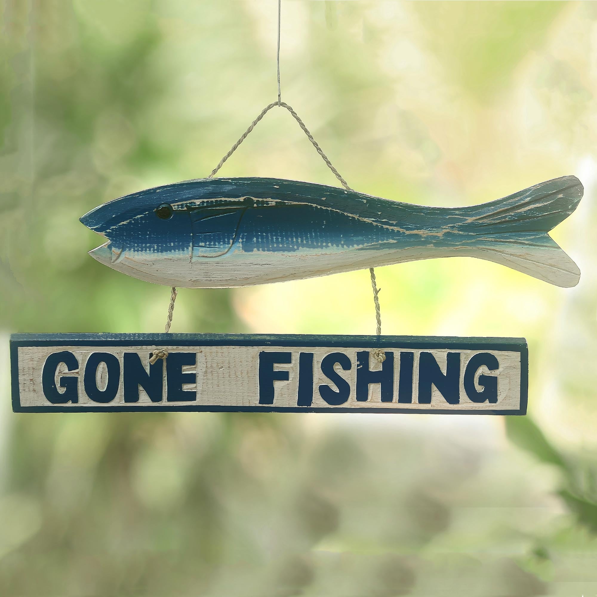 Premium Handcrafted Albesia Wood Nautical Wall Sign - 'Gone Fishing'