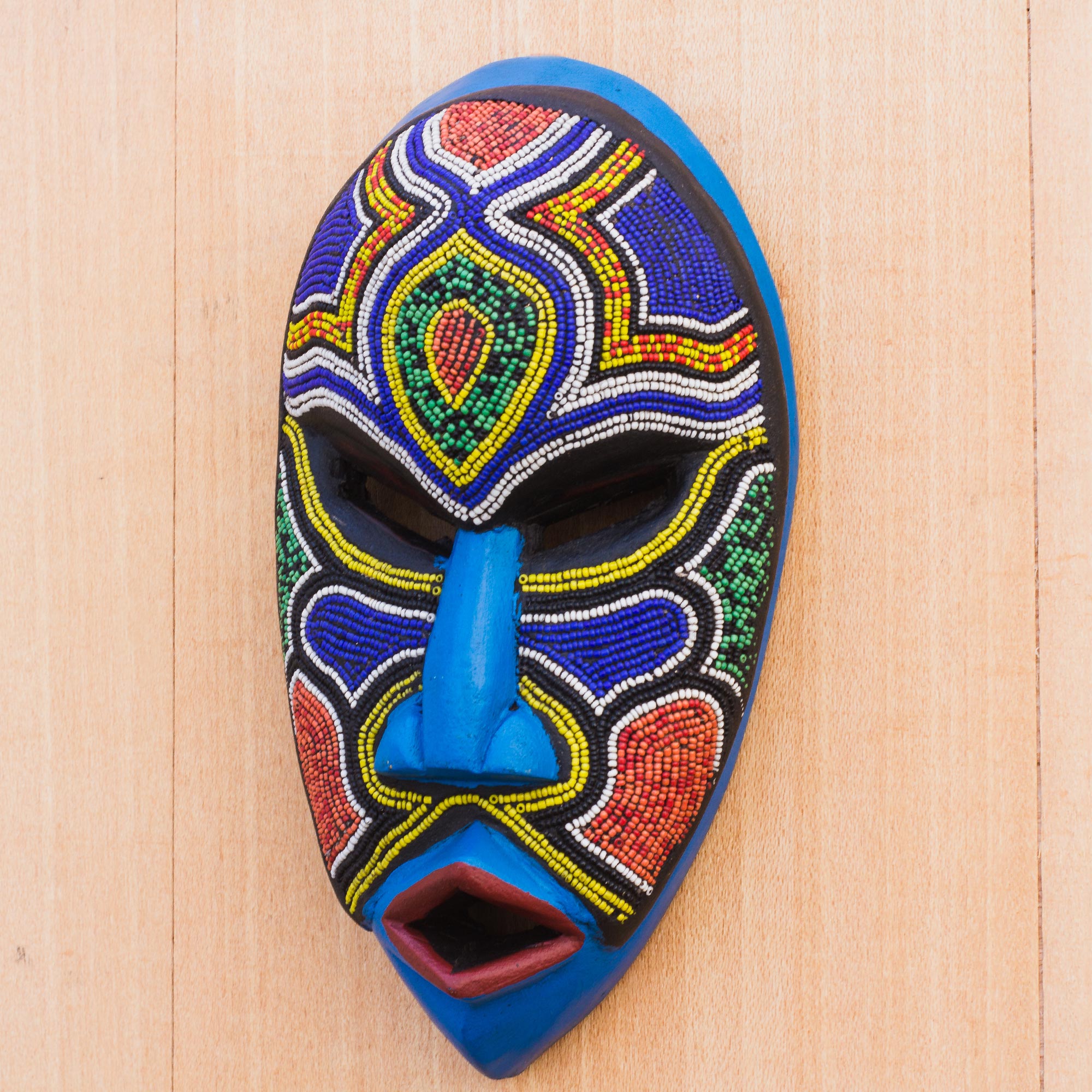 Premium Handcrafted Beaded African Wood Mask - Recycled Plastic Decor from Ghana