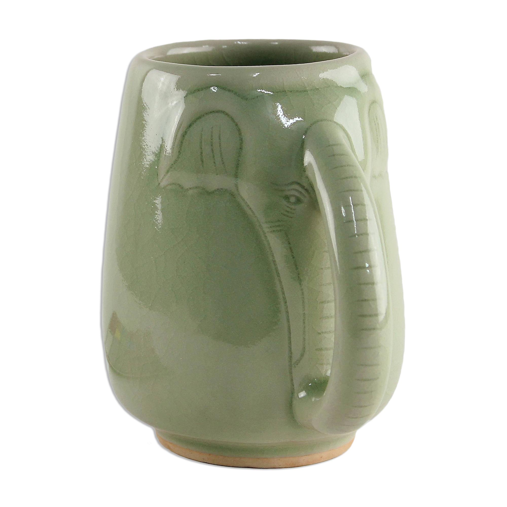 Premium Green Ceramic Elephant Mug – Handcrafted in Thailand