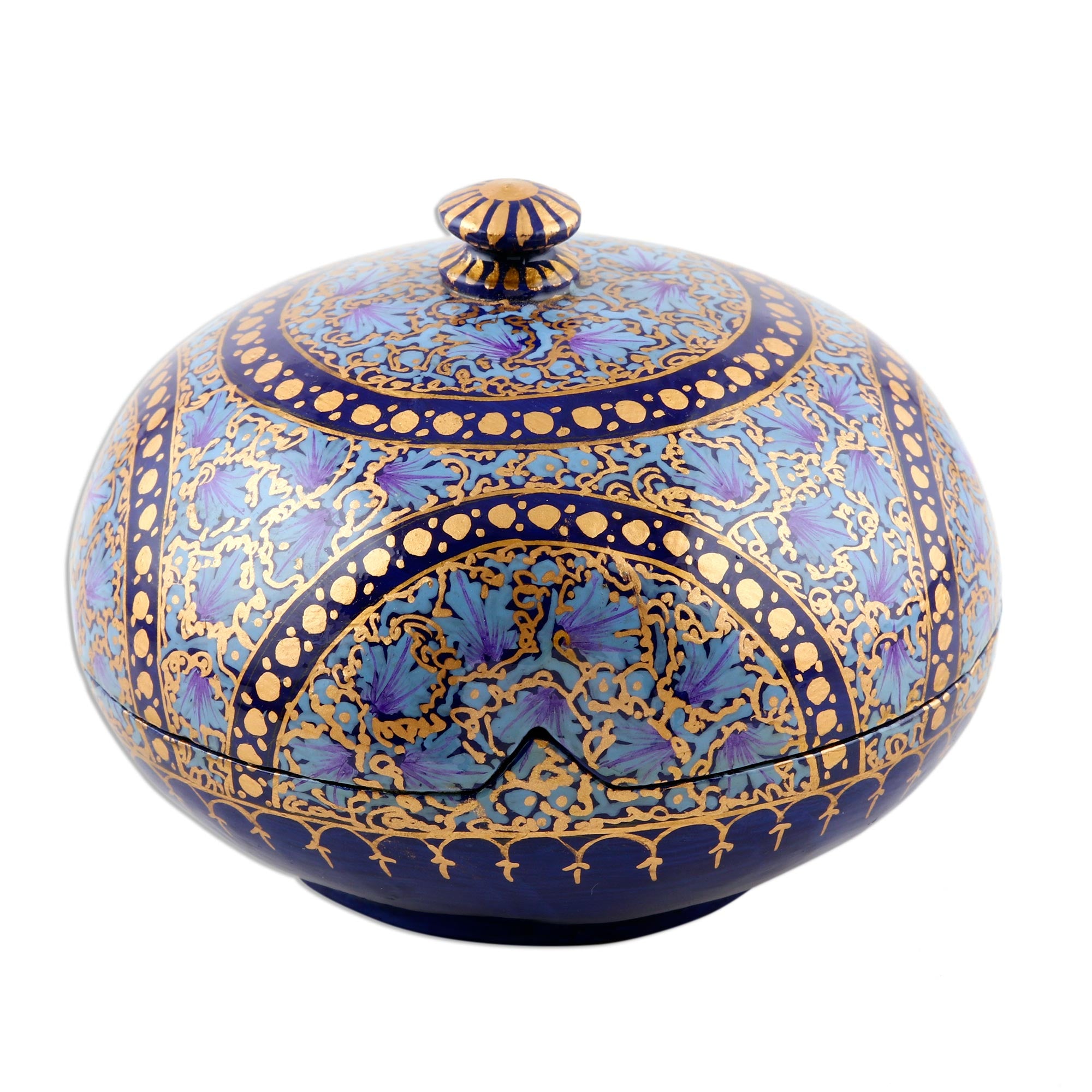 Premium Hand-Painted Kashmir Indigo Papier Mache Round Box