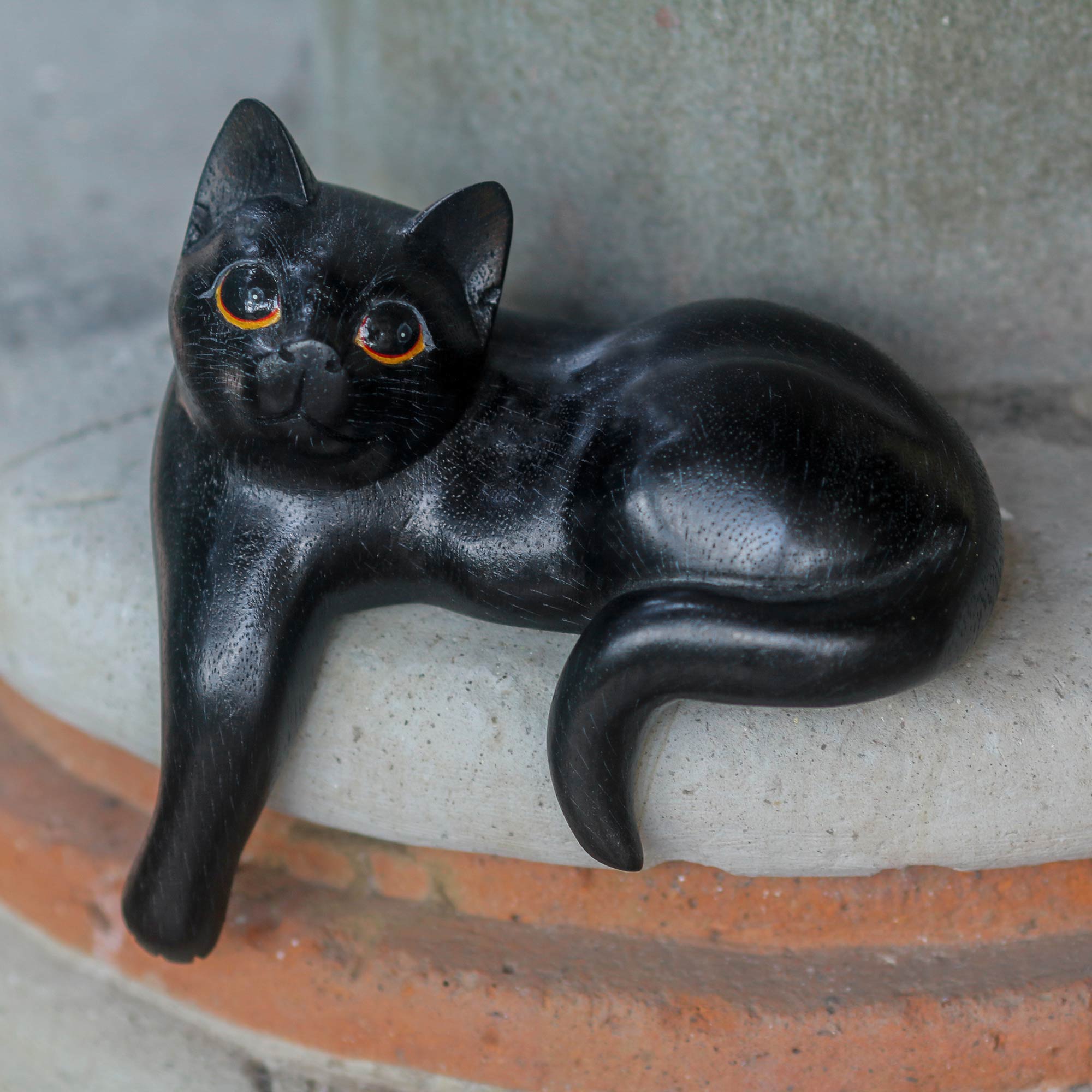 Premium Watchful Black Cat Hand-Carved Wooden Sculpture with Elegant Black Finish