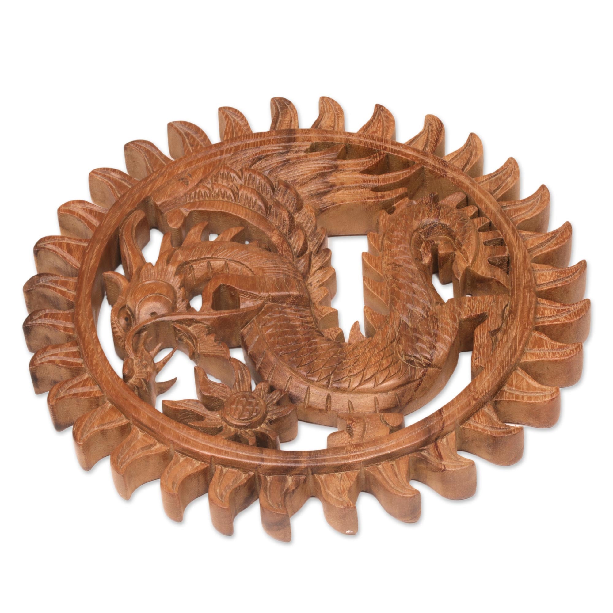 Premium Hand-Carved Balinese Dragon Wood Relief Panel – Circular Suar Wood Art