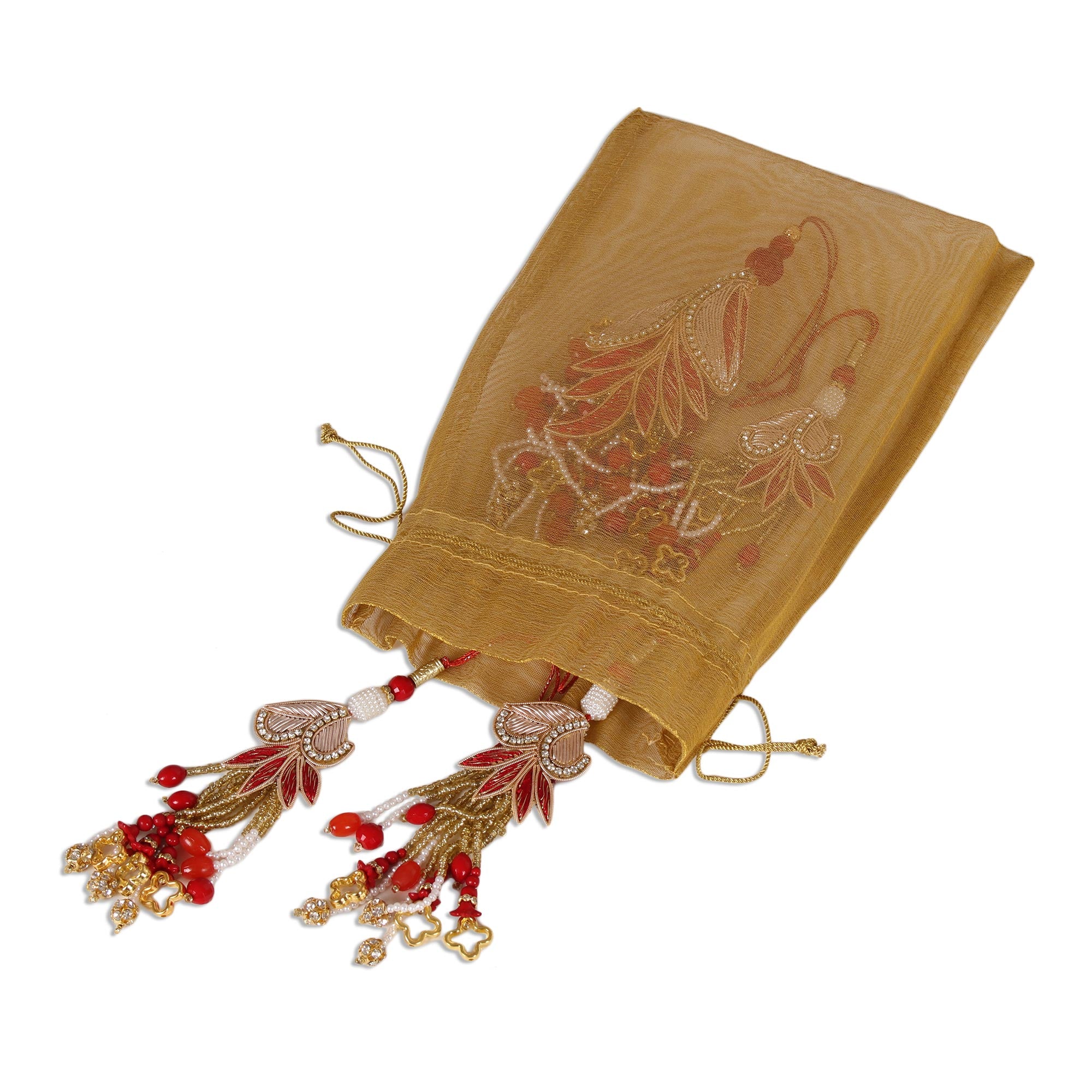 Premium Holiday Gala Gold & Red Beaded Ornaments – Handcrafted Set of 5 from India
