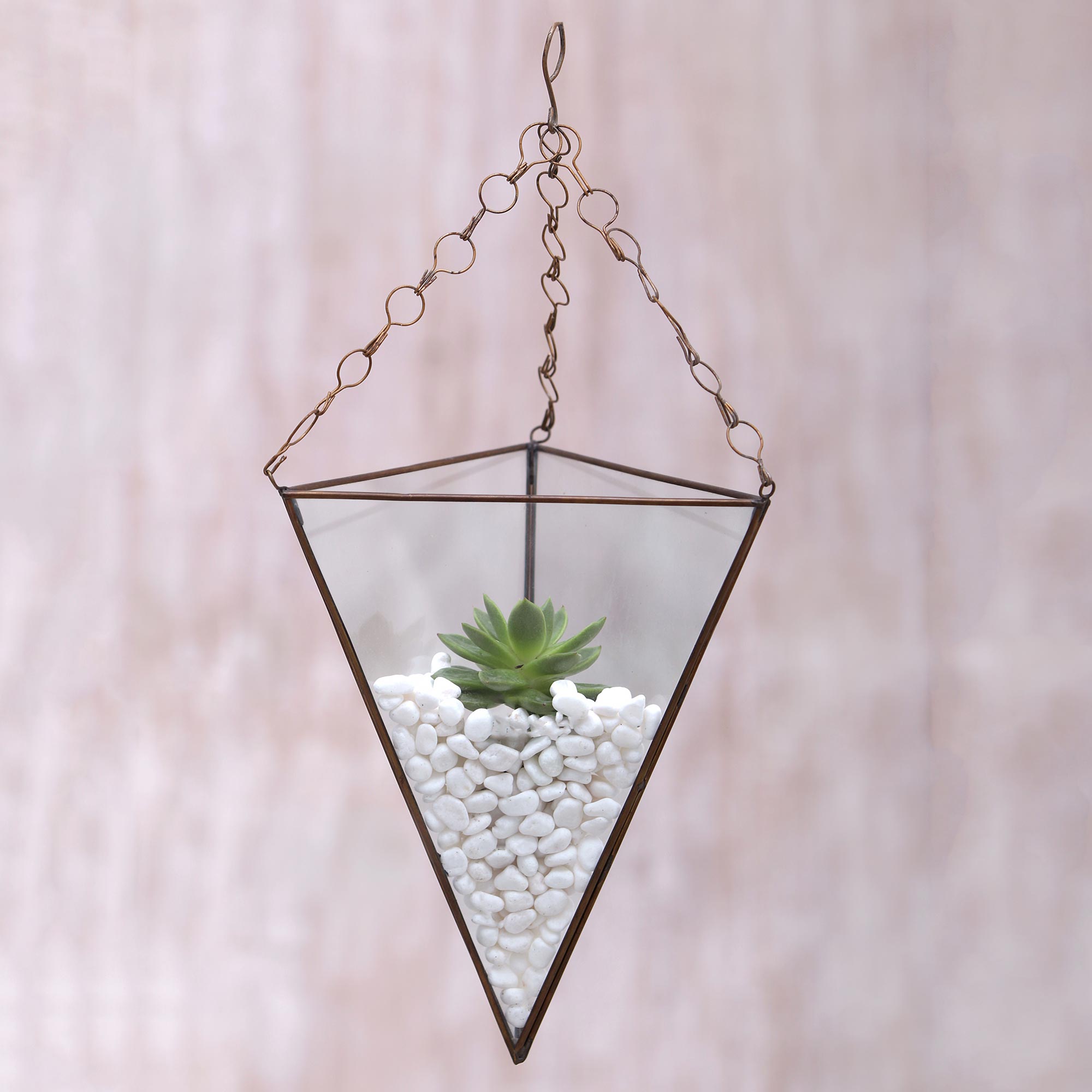 Premium Brass & Glass Pyramid Hanging Terrarium – 18 Inch Elegant Indoor Garden Decor