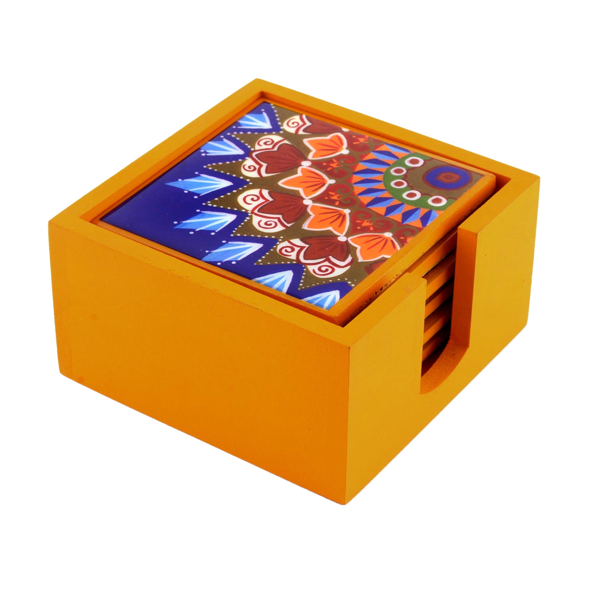 Premium Handcrafted Wood Coasters Set - Vibrant Yellow Design from Costa Rica