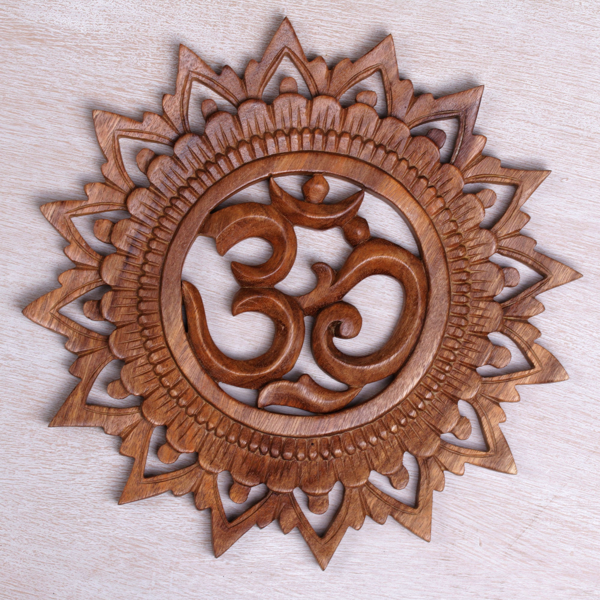 Premium Om Bloom Hand-Carved Suar Wood Panel – Bali's Tranquil Art