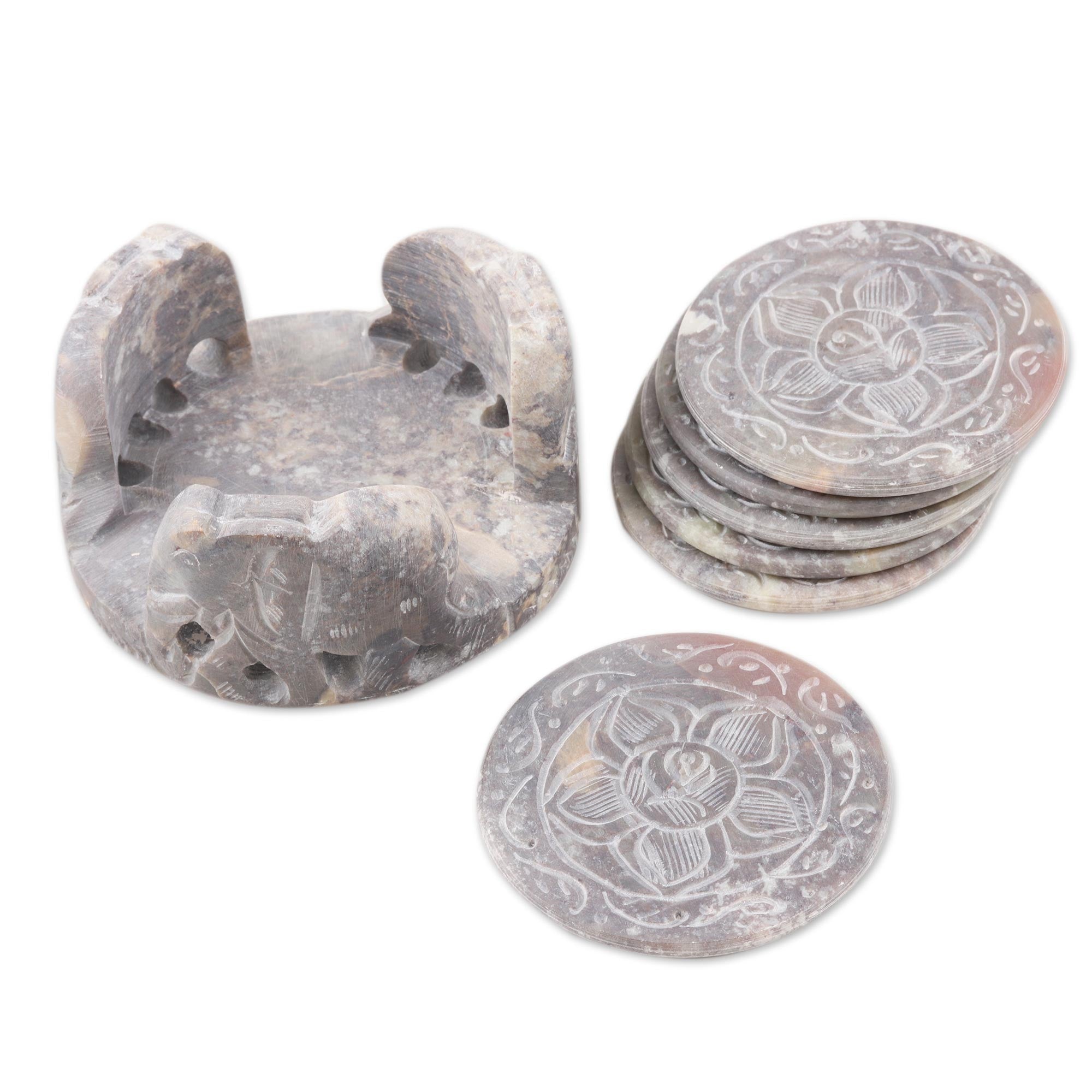 Premium Elephant Rose Fair Trade Marble Coaster Set - Ultimate Barware Collection (Set of 6)